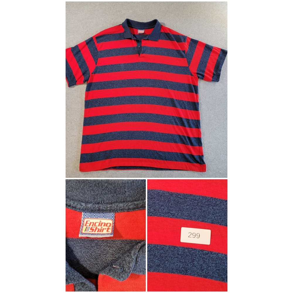 Vintage Encino Shirt Mens 2Xl Red Blue Striped Short Sleeve Polo Made in USA